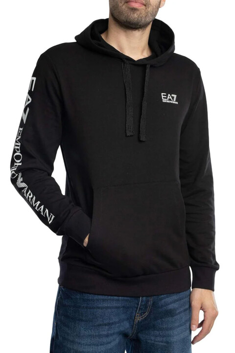 Erkek Tam Kalıp Kolu Logolu Kapüşonlu Sweatshirt - Siyah 