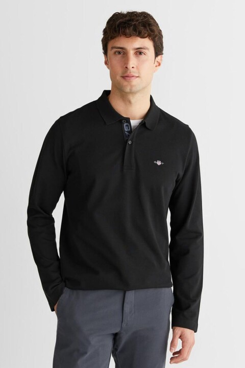 Erkek Tam Kalıp Uzun Kollu Polo Yaka T-Shirt - Siyah 