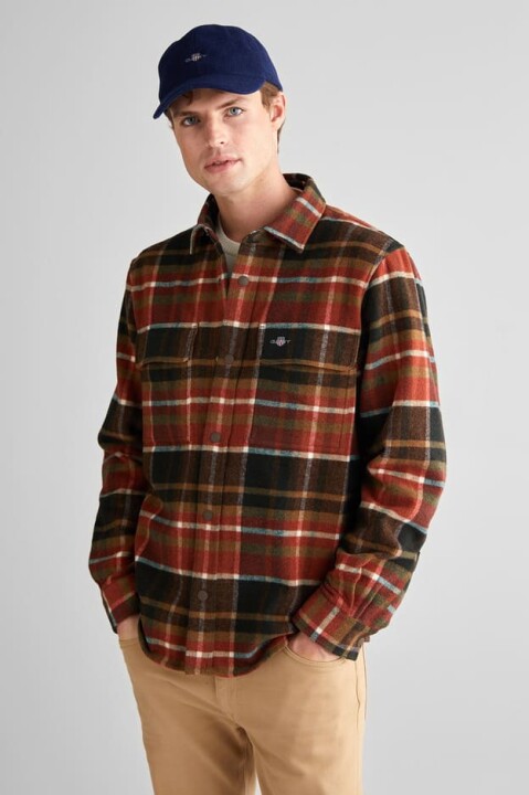 Erkek Tam Kalıp Yünlü Ekose Gömlek - Kiremit/Çok Renkli - Gant