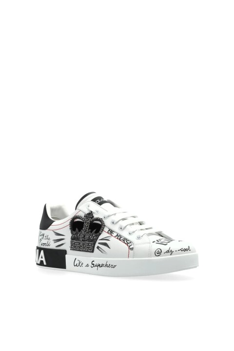 Erkek Taş İşlemeli Taç Aplike Deri Sneakers - Beyaz/Siyah - Dolce&gabbana
