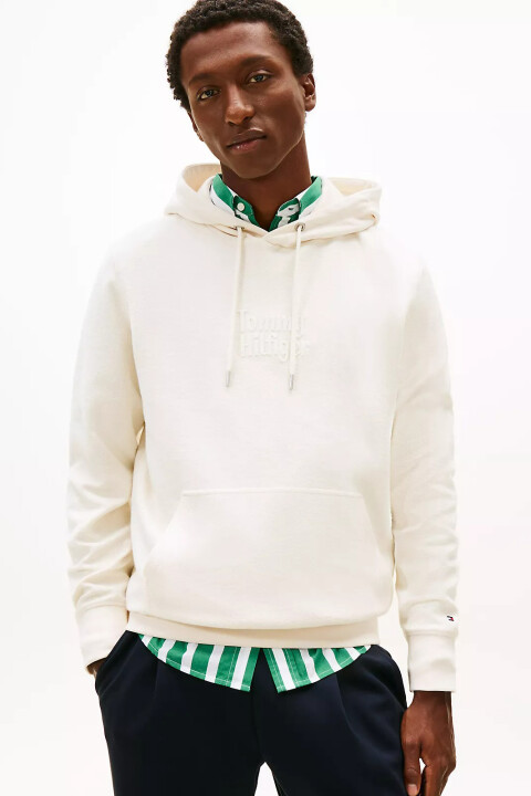 Erkek Ters Örgü Dokulu Kapüşonlu Sweatshirt - Kırık Beyaz - Tommy Hilfiger