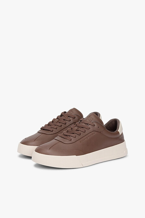 Erkek Th Court Bağcıklı Kabartma Deri Spor Ayakkabı - Kahverengi - Tommy Hilfiger