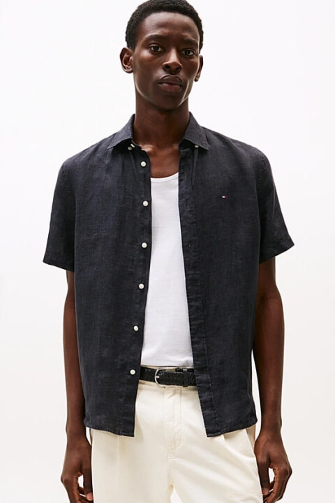 Erkek Th Linen Keten Kısa Kol Gömlek - Siyah - Tommy Hilfiger