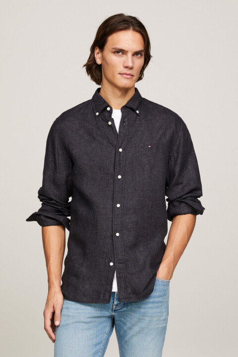 Erkek Th Marka Logolu Düğmeli Uzun Kollu Gömlek - Siyah 