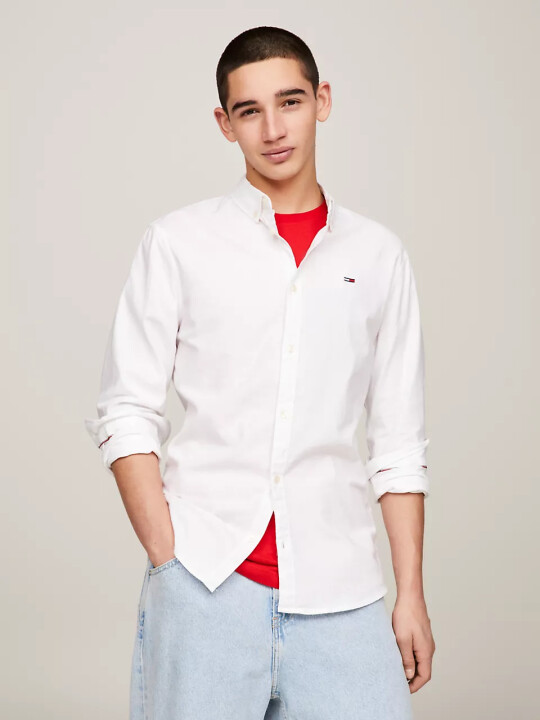 Erkek Tjm Slim Streç Oxford Gömlek - Beyaz - Tommy Hilfiger