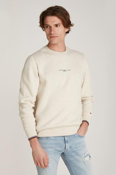 Erkek Tommy Logo Tıpped Crewneck Sweatshirt-Krem 