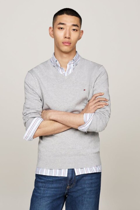 Erkek V Yaka Pamuklu Triko Kazak - Gri - Tommy Hilfiger