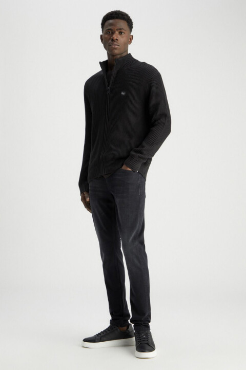 Erkek Woven Fermuarlı Kazak - Siyah 