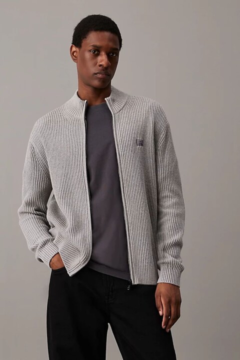 Erkek Woven Label Pamuklu Fermuarlı Hırka - Gri 