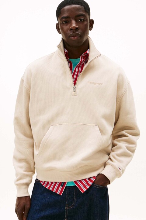 Erkek Yarım Fermuarlı Kanguru Cepli Sweatshirt - Bej - Tommy Hilfiger