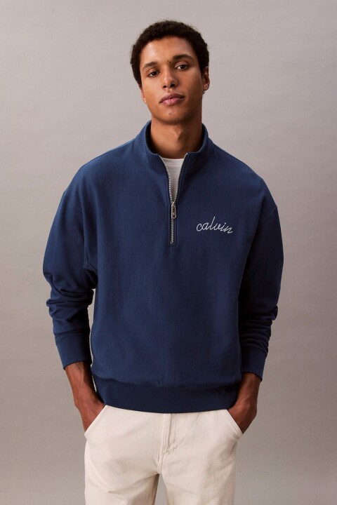 Erkek Yarım Fermuarlı Logolu Sweatshirt - Mavi 