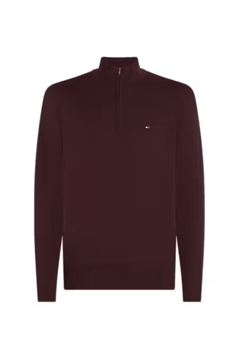 Erkek Yarım Fermuarlı Pamuklu Triko Kazak - Bordo 