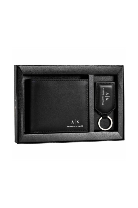 Erkek Yazı Logolu Cüzdan ve Anahtarlık Seti - Siyah - Armani Exchange