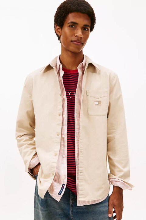 Erkek Yıkamalı Twill Gömlek - Bej - Tommy Hilfiger