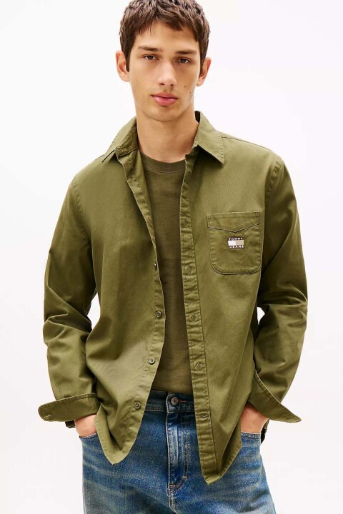 Erkek Yıkamalı Twill Gömlek - Haki Yeşili - Tommy Hilfiger