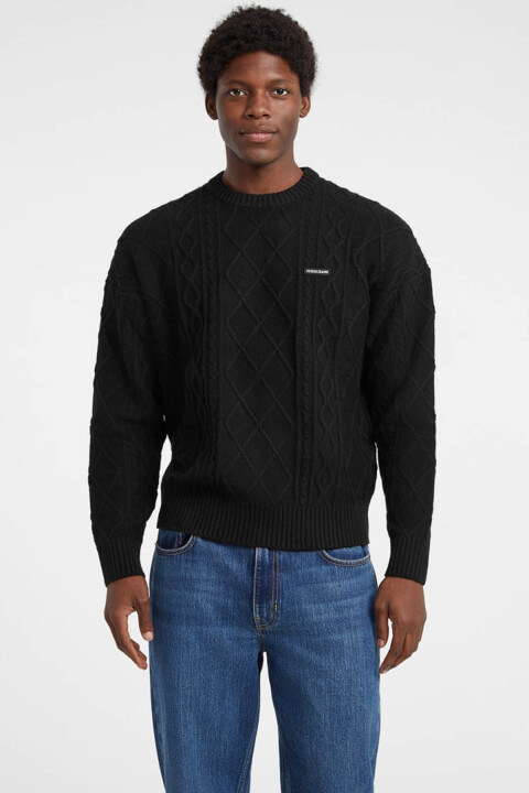Erkek Yün Karışımlı Rahat Kalıp Triko Kazak - Siyah - Guess