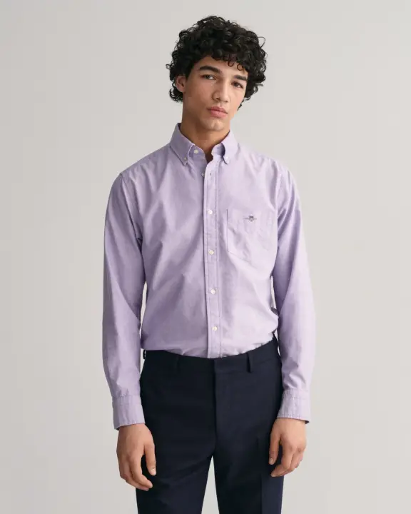 Erkek Regular Fit Düğmeli Yaka Logolu Oxford Gömlek-Mor 