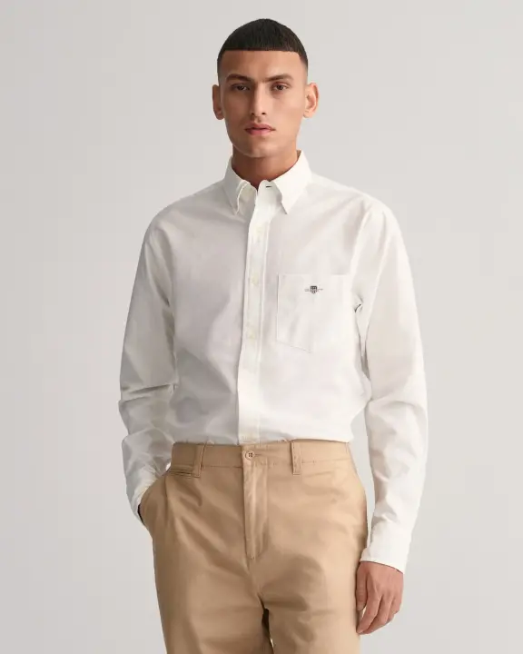 Erkek Regular Fit Düğmeli Yaka Oxford Gömlek-Beyaz 