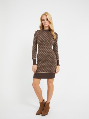Kadın 4G Logolu Mini Triko Elbise - Kahve 