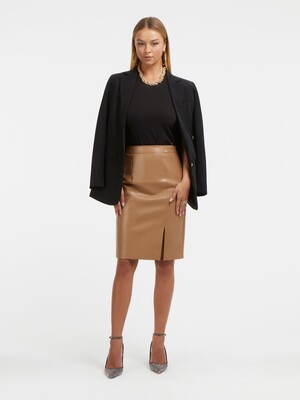 Kadın Suni Deri Midi Boy Etek - Kahverengi - Guess