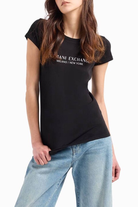 Kadın AE Bisiklet Yaka T-Shirt - Siyah - Armani Exchange