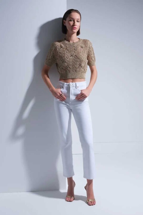 Kadın Ajurlu Bisiklet Yaka Gold Bluz - Altın - Join Us