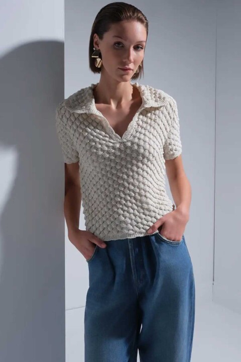 Kadın Ajurlu Polo Yaka Bluz - Ekru - Join Us