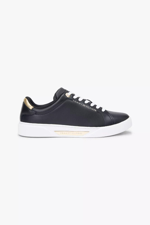 Kadın Altın Detaylı Deri Court Sneaker - Siyah - Tommy Hilfiger