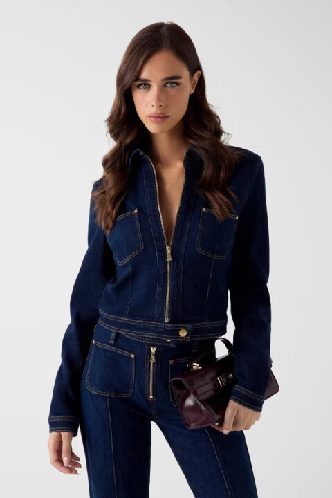 Kadın Amelie Fermuarlı Denim Ceket - Lacivert - Guess