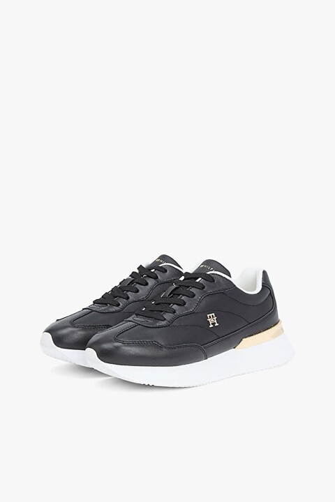 Kadın Bağcıklı Altın Detaylı Kalın Taban Sneaker - Siyah 