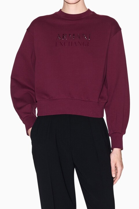 Kadın Balon Kollu Crop Sweatshirt - Mürdüm 