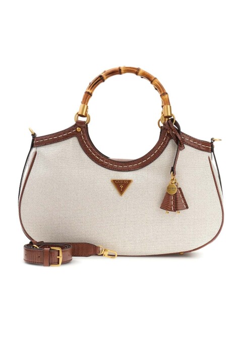 Kadın Bambu Saplı Kumaş Görünümlü Omuz Çantası - Bej - Guess
