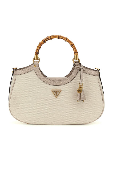 Kadın Bambu Saplı Kumaş Görünümlü Omuz Çantası - Bej - Guess