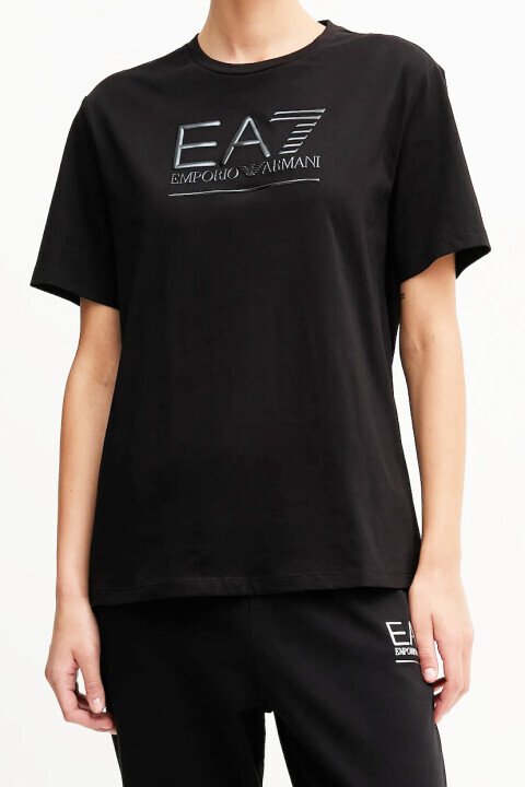 Kadın Bisiklet Yaka Parlak Logolu T-Shirt - Siyah/Gümüş - Ea7