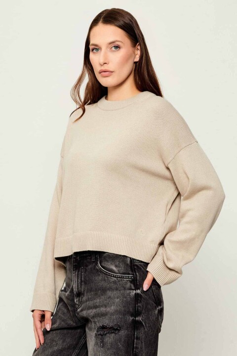 Kadın Bisiklet Yaka Regular Fit Kısa Kazak - Bej - Calvin Klein