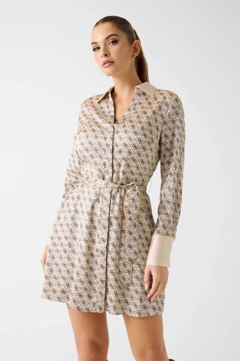 Kadın Blerta Tam Kalıp Gömlek Yaka Uzun Kollu Logolu Elbise - Bej - Guess