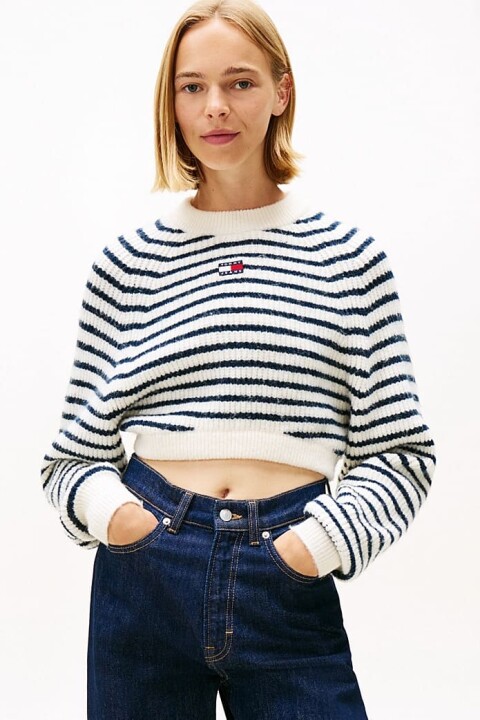Kadın Boxy Fit Yün Karışımlı Düşük Omuzlu Crop Kazak - Kırık Beyaz/Lacivert - Tommy Hilfiger