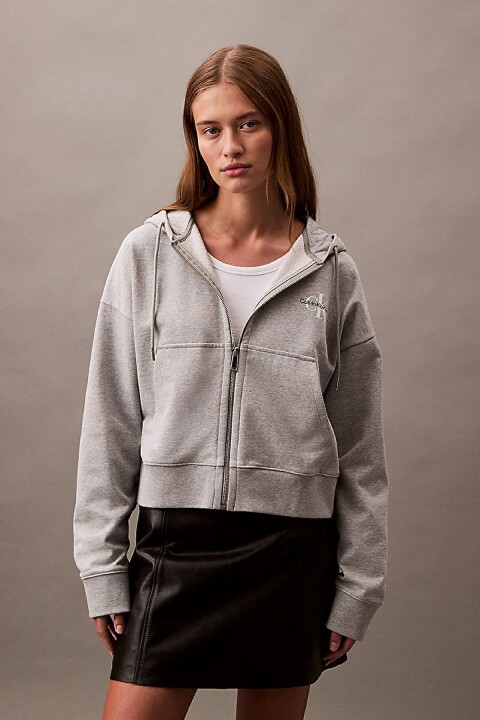 Kadın Boyfriend Fit Kapüşonlu Fermuarlı Logolu Sweatshirt - Gri 