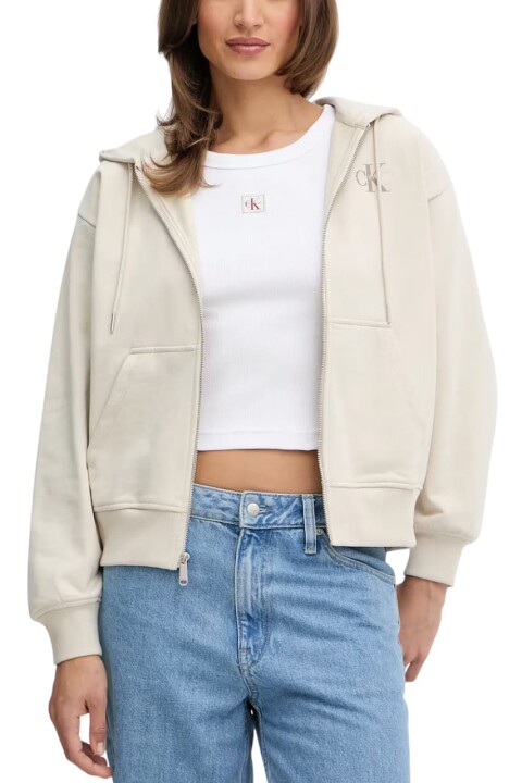 Kadın Boyfriend Fit Kapüşonlu Fermuarlı Sweatshirt - Krem 