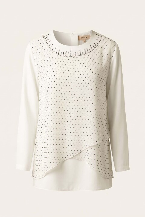 Kadın Boynu Taş İşlemeli Tunik - Ekru 