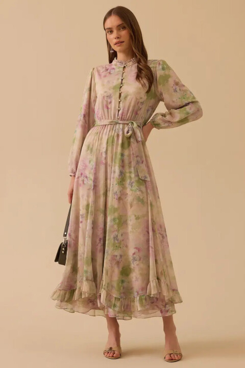 Kadın Çiçek Desenli Fırfırlı Şifon Elbise - Pembe - Seçil