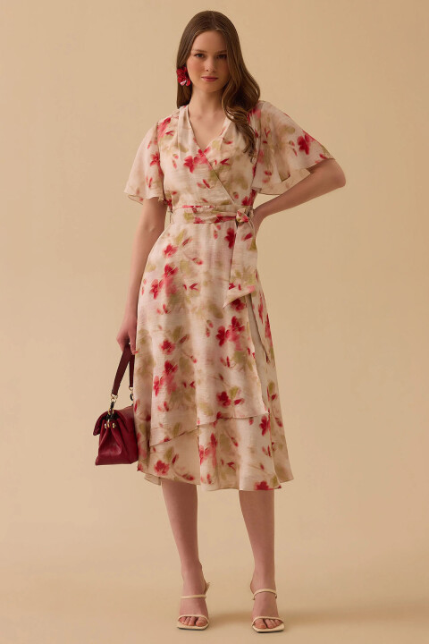 Kadın Çiçek Desenli Kuşaklı Elbise - Pudra - Seçil