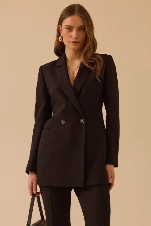 Kadın Çift Düğmeli Kruvaze Klasik Ceket - Siyah - Seçil