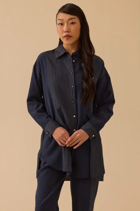 Kadın Çift Kumaşlı Düğmeli Tunik - Lacivert - Seçil