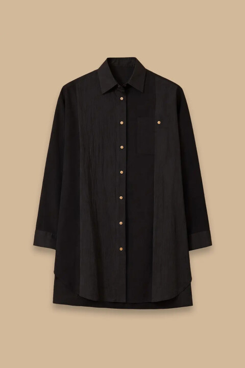 Kadın Çift Kumaşlı Düğmeli Tunik - Siyah - Seçil