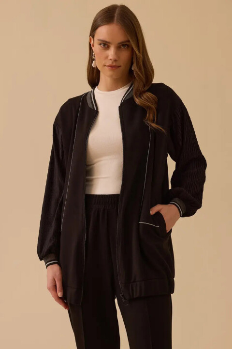 Kadın Çift Kumaşlı Fermuarlı Ceket - Siyah 