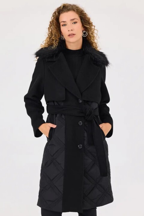 Kadın Çift Kumaşlı Kuşaklı Cep Detaylı Kaban - Siyah - Seçil