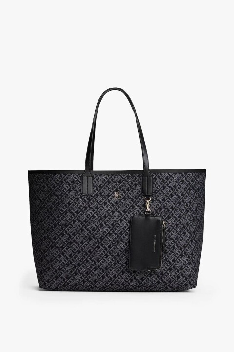 Kadın Çıkarılabilir Cüzdanlı Monogram Desenli Tote Omuz Çantası - Siyah 