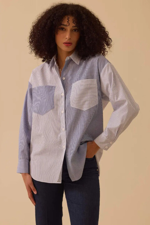 Kadın Çizgili Cep Kuplu Gömlek - Mavi - Seçil