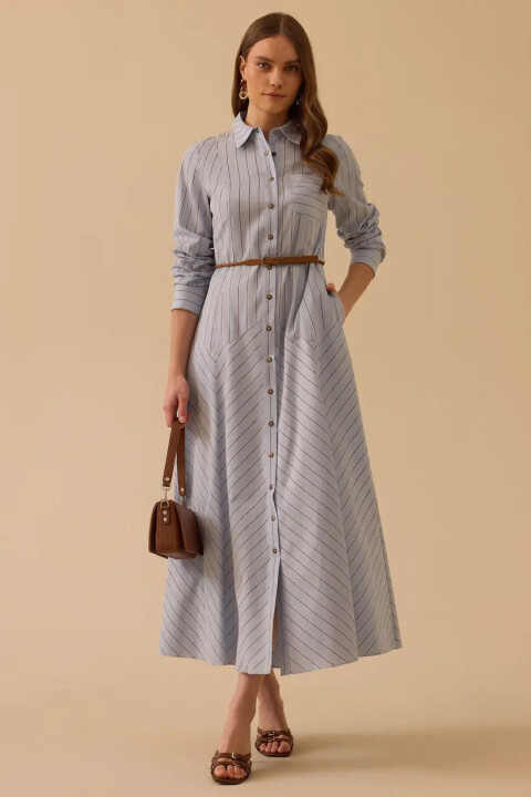 Kadın Çizgili Cepli Kemer Detaylı Elbise - Mavi - Seçil